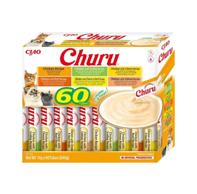 Лакомство Inaba Churu для кошек, сливочный мусс в стиках, разновидности курицы, 60 шт, 14 г