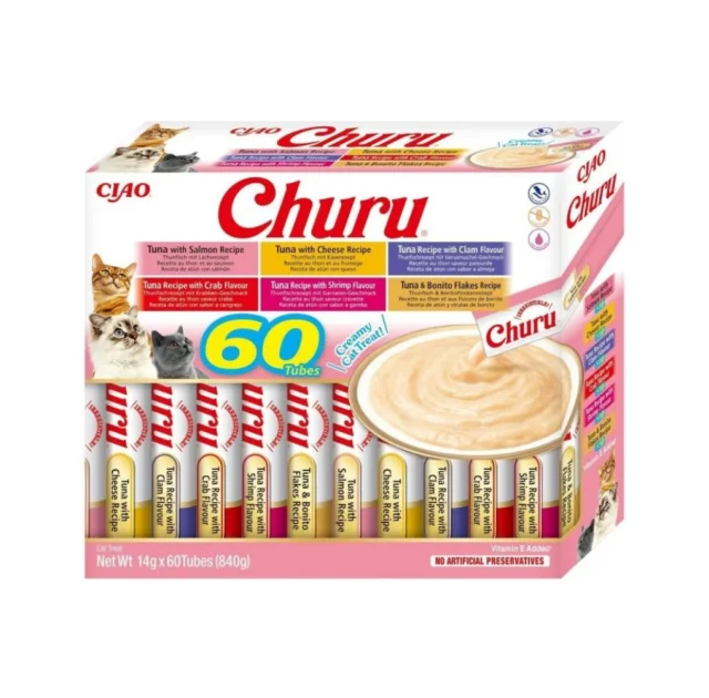 Лакомство Inaba Churu для кошек, сливочный мусс в стиках, разновидности тунца, 60 шт, 14 г
