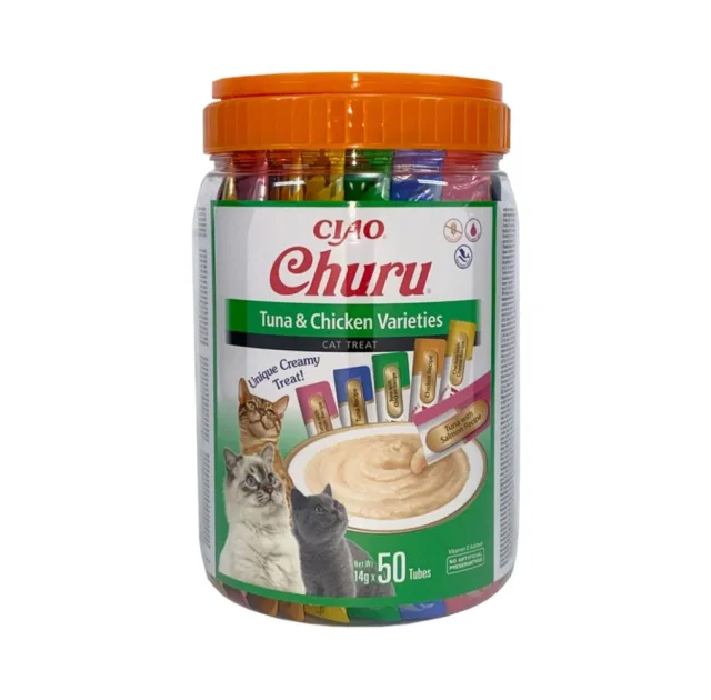 Лакомство Inaba Churu для кошек, сливочный мусс в стиках, разновидности тунца и курицы, 50 шт, 700 г