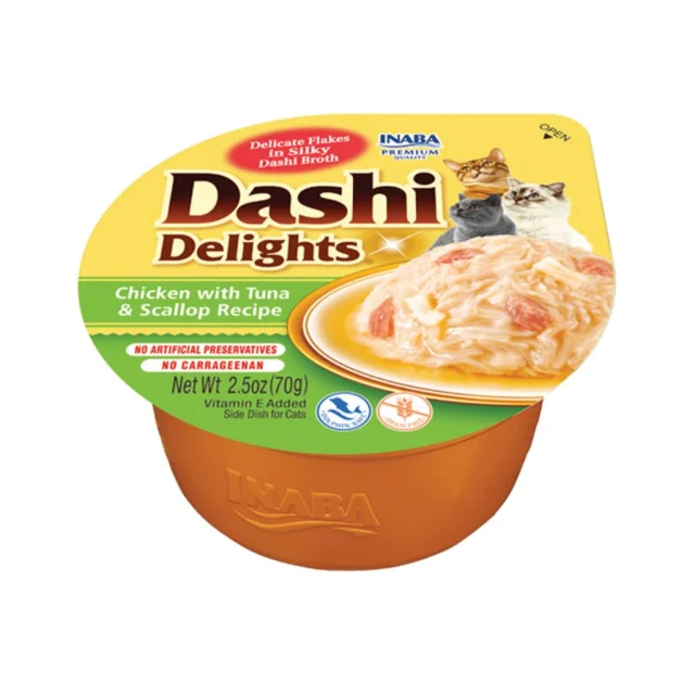 Лакомство Inaba Dashi Delights для кошек, курица с тунцом и морским гребешком, 70 г