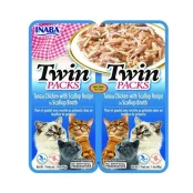 Вологий корм Inaba Twin Packs для котів, тунець з куркою в бульйоні з гребінців, 2×40 г
