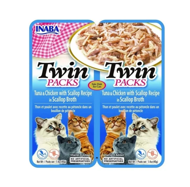 Вологий корм Inaba Twin Packs для котів, тунець з куркою в бульйоні з гребінців, 2×40 г