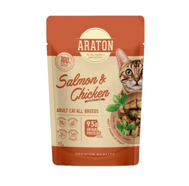 Вологий корм Araton Adult Cats All Breeds with Salmon and Chicken для дорослих котів, лосось з куркою, 85 г