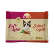 Вологий корм Araton Cats Set Adult All Breeds для дорослих котів, яловичина з куркою та лосось з куркою, 4×85 г