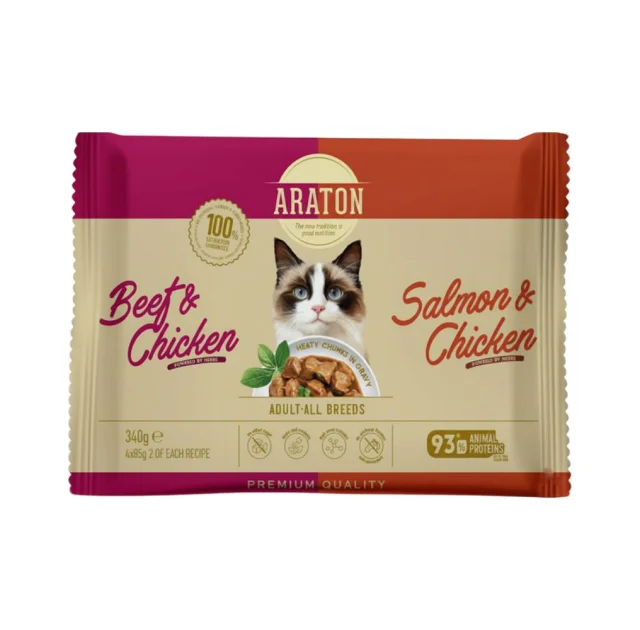 Вологий корм Araton Cats Set Adult All Breeds для дорослих котів, яловичина з куркою та лосось з куркою, 4×85 г