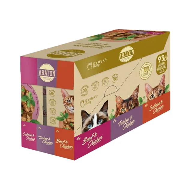 Вологий корм Araton Cats Set Adult All Breeds для дорослих котів, яловичина з куркою, індичка з куркою, лосось з куркою, 12×85 г