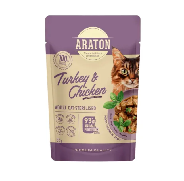 Вологий корм Araton Sterilised Adult Cats All Breeds with Turkey and Chicken для стерилізованих дорослих котів, індичка з куркою, 85 г