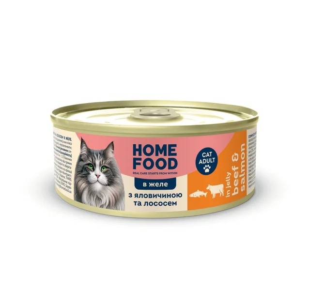 Консервированный корм Home Food CAT ADULT для кошек, с говядиной и лососем в желе, 0.085 кг