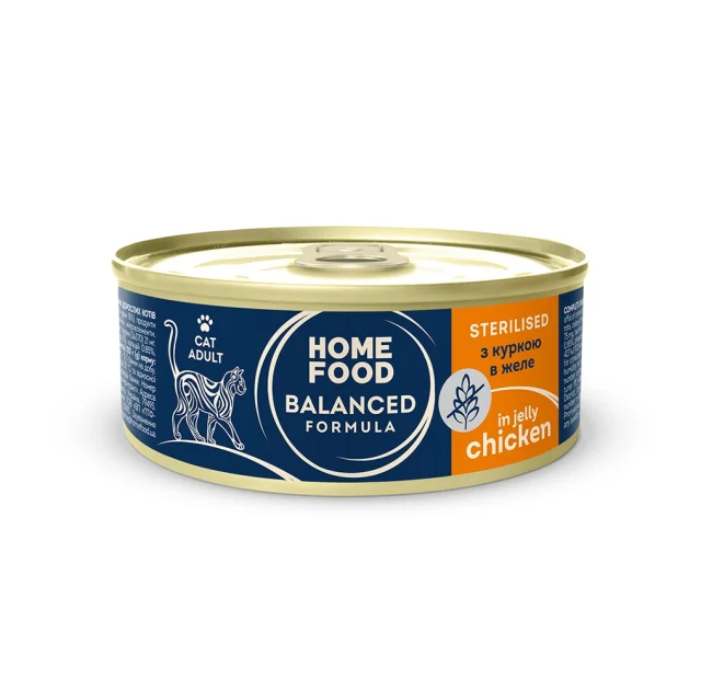 Консервированный корм Home Food CAT ADULT Balanced Formula для стерилизованных кошек, курица в желе, 0.085 кг