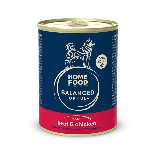 Консервированный корм Home Food DOG ADULT Balanced Formula для собак, паштет с говядиной и курицей, 0.36 кг