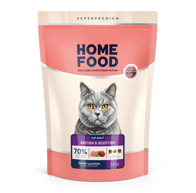 Корм Home Food CAT ADULT для британських та шотландських порід котів, індичка та качка, 1.6 кг