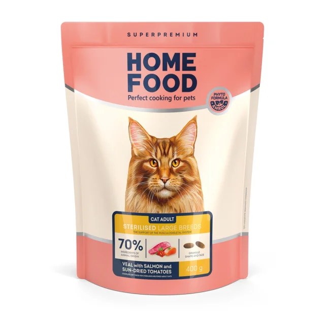 Корм Home Food CAT ADULT для котів великих порід, телятина з лососем та в'яленими томатами, 0.4 кг