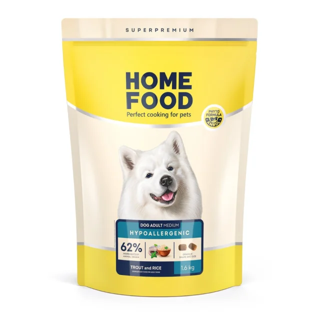 Корм Home Food DOG ADULT MEDIUM для взрослых собак средних пород, гипоаллергенный, форель с рисом, 1.6 кг