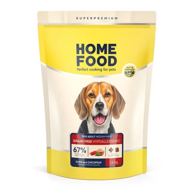 Корм Home Food DOG ADULT MEDIUM/MAXI для взрослых собак средних и крупных пород, беззерновой, гипоаллергенный, мясо утки с нутом, 1.6 кг