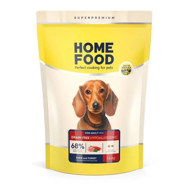 Корм Home Food DOG ADULT MINI для взрослых собак мелких пород, беззерновой, гипоаллергенный, утка и индейка, 1.6 кг