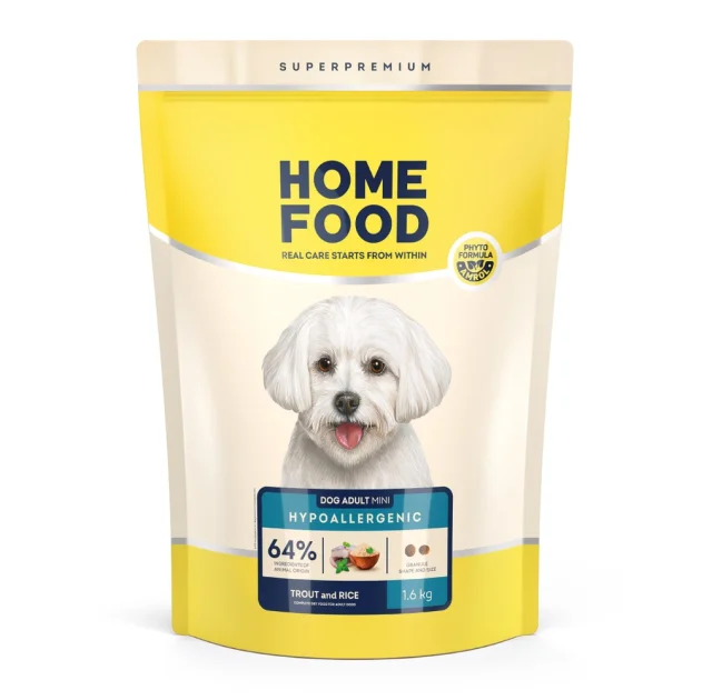 Корм Home Food DOG ADULT MINI для взрослых собак мелких пород, гипоаллергенный, форель с рисом, 1.6 кг
