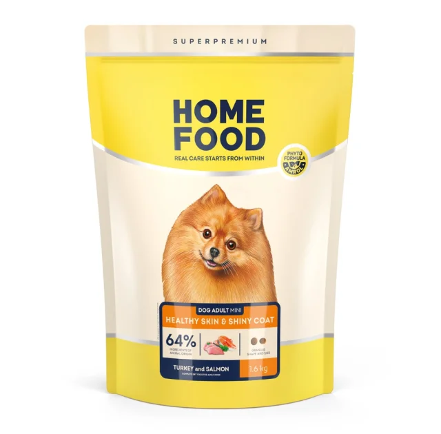 Корм Home Food DOG ADULT MINI для взрослых собак мелких пород, для здоровья кожи и блеска шерсти, индейка и лосось, 1.6 кг