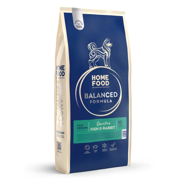 Корм Home Food Premium Balanced Formula для взрослых собак средних пород, рыба и кролик, 10 кг