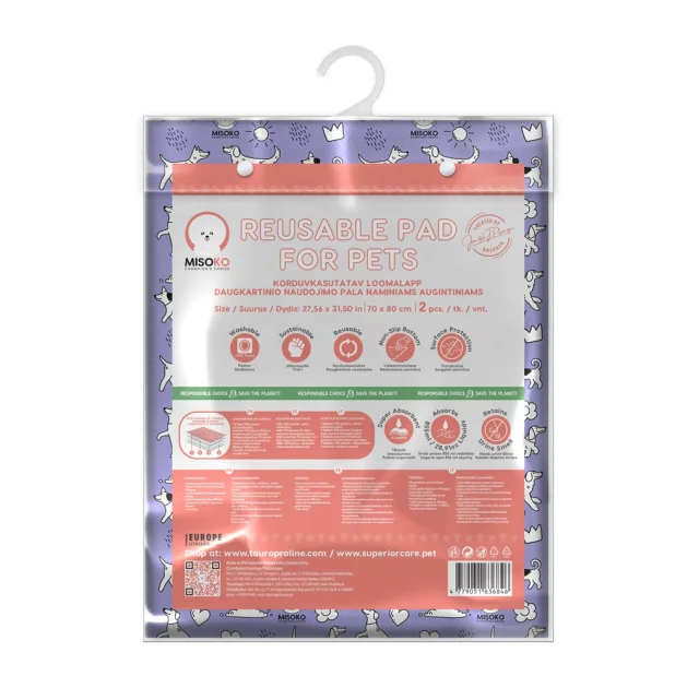 Пеленка Misoko&Co для собак, многоразовая, длященки, фиолетовая, 70×80 см, 2 шт