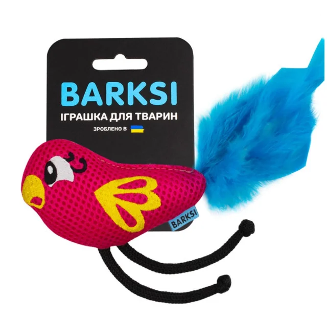 Игрушка Barksi для кошек, дентальная, с колокольчиком и перьями, попугай, розовая