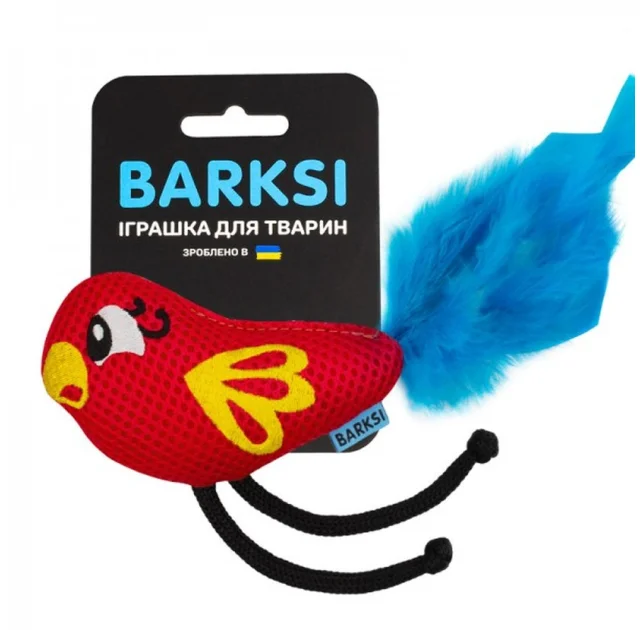 Игрушка Barksi для кошек, дентальная, с колокольчиком и перьями, попугай, красная