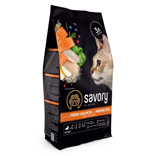 Сухий корм Savory Kitten rich in Fresh Salmon with Marine Fish для кошенят всіх порід, зі свіжим лососем та морською рибою, 400 г
