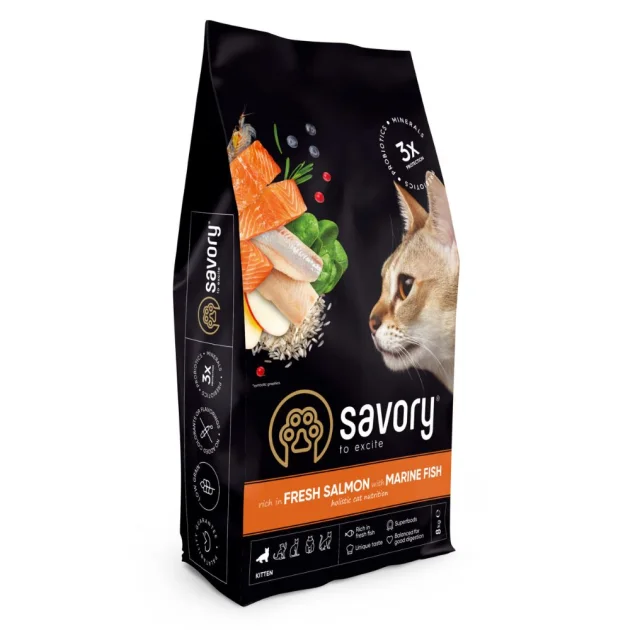 Сухий корм Savory Kitten rich in Fresh Salmon with Marine Fish для кошенят всіх порід, зі свіжим лососем та морською рибою, 8 кг
