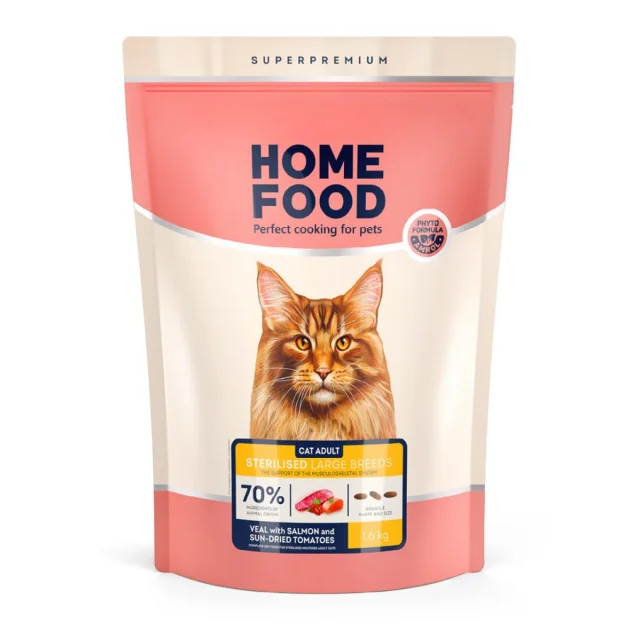Корм Home Food CAT ADULT для котів великих порід, телятина з лососем та в'яленими томатами, 1.6 кг