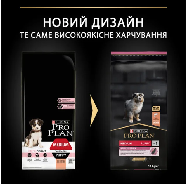 Сухой корм Purina Pro Plan Dog Medium Puppy OptiDerma для щенков средних пород, с лососем и рисом, 12 кг