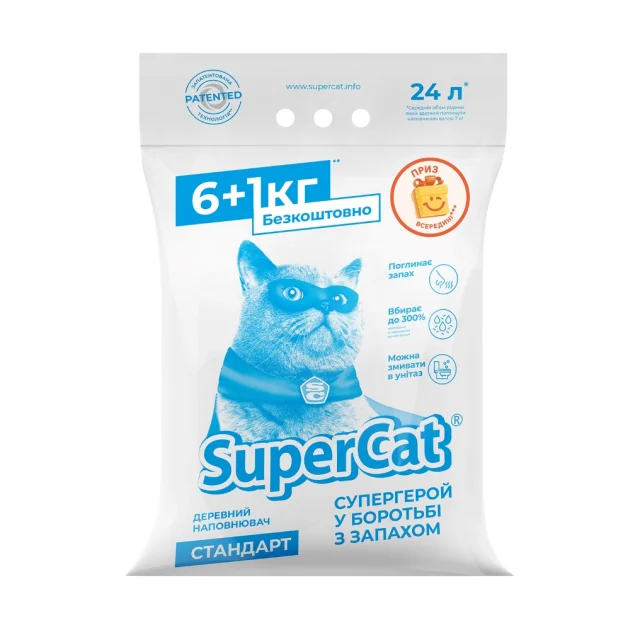 Древесный наполнитель SuperCat Стандарт для кошачьих туалетов, 6+1 кг