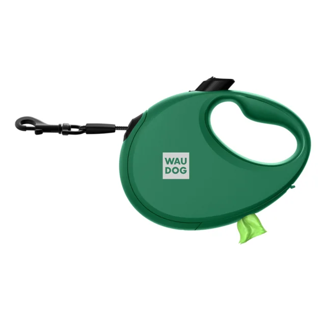 Повідець-рулетка Waudog R-leash з контейнером для пакетів для собак, світловідбивна стрічка, M, до 20 кг, 5 м, зелений