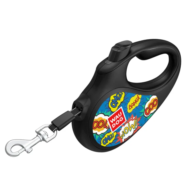Повідець-рулетка Waudog R-leash для собак, малюнок "ВАУ", світловідбиваюча стрічка, чорний, S, 15 кг, 5 м