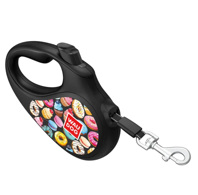 Повідець-рулетка Waudog R-leash,для собак, малюнок "Пончики", світловідбиваюча стрічка чорний, L, 50 кг, 5 м
