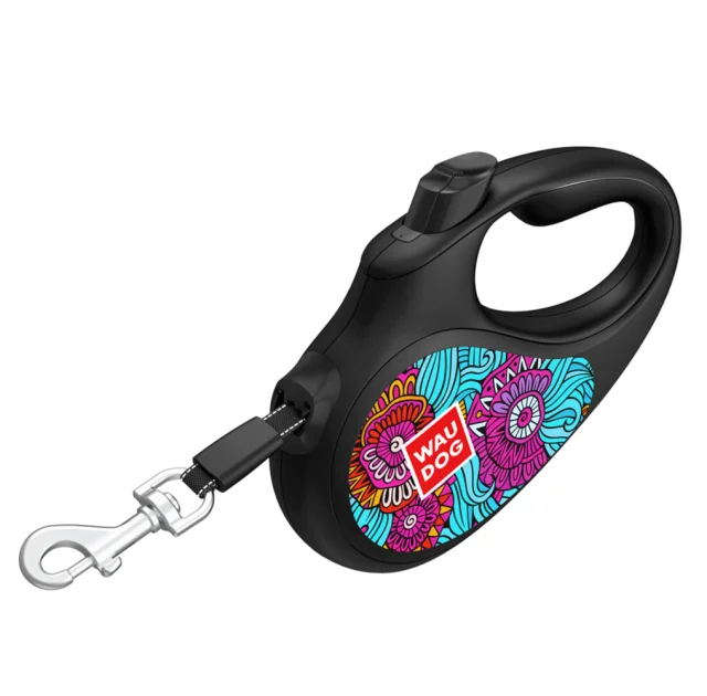 Поводок-рулетка Waudog R-leash для собак, рисунок "Лето", светоотражающая лента, черный, M, 25 кг, 5 м