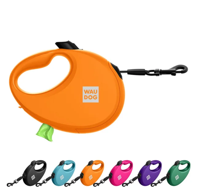 Повідець-рулетка Waudog R-leash для собак з контейнером для пакетів, світловідбивна стрічка, S, до 12 кг, 3 м, помаранчевий