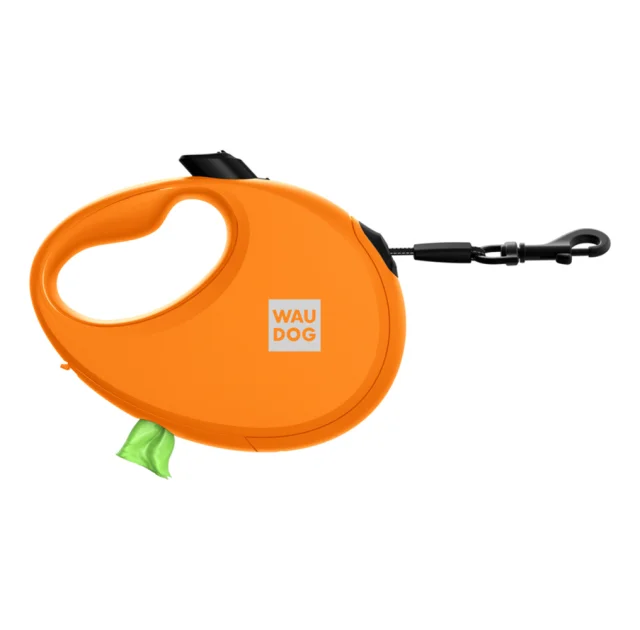 Повідець-рулетка Waudog R-leash для собак з контейнером для пакетів, світловідбивна стрічка, S, до 12 кг, 3 м, помаранчевий