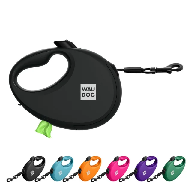 Поводок-рулетка Waudog R-leash для собак с контейнером для пакетов, М, до 20 кг, 5 м, черный