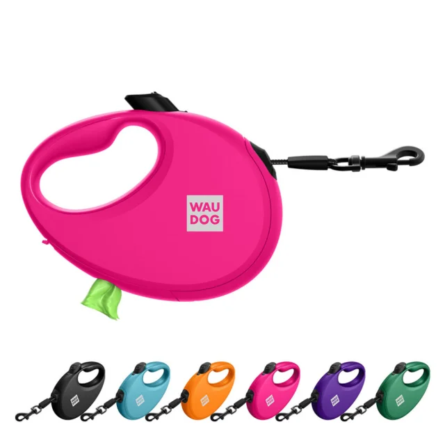Поводок-рулетка Waudog R-leash для собак с контейнером для пакетов, M, до 20 кг, 5 м, розовый