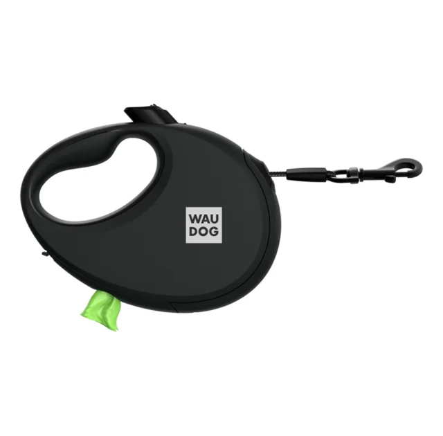 Повідець-рулетка Waudog R-leash для собак з контейнером для пакетів, світловідбивна стрічка, L, до 40 кг, 5 м, чорний