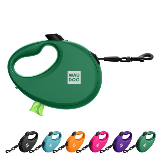 Повідець-рулетка Waudog R-leash для собак з контейнером для пакетів, світловідбивна стрічка, L, до 40 кг, 5 м, зелений