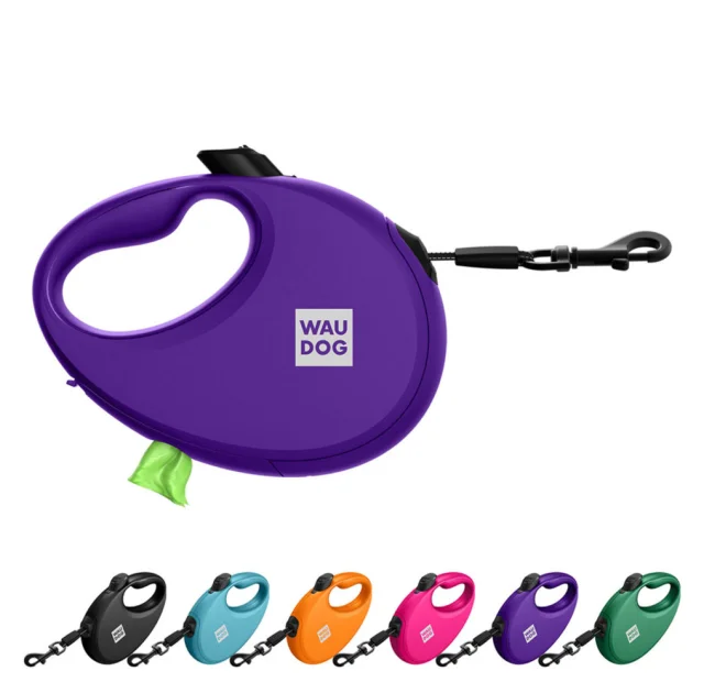 Повідець-рулетка Waudog R-leash для собак з контейнером для пакетів, світловідбивна стрічка, L, до 40 кг, 5 м, фіолетовий