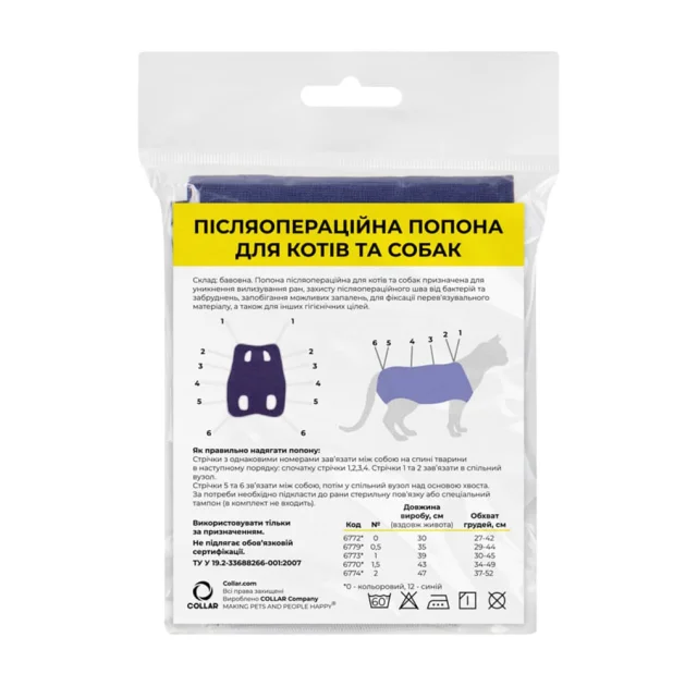 Післяопераційна попона №0.5 для котів та собак, синя