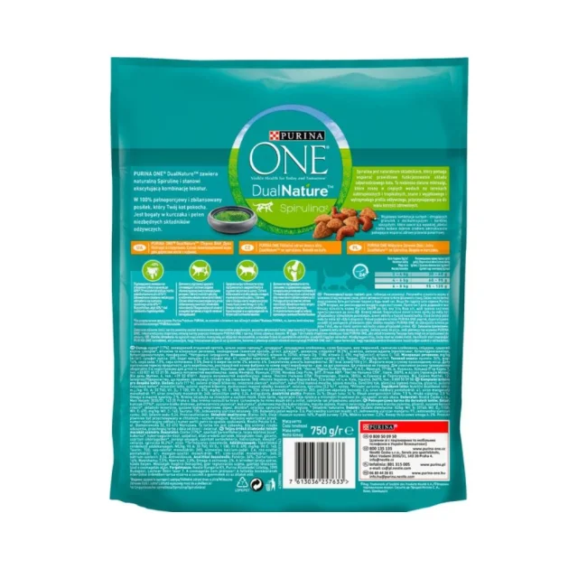 Сухий корм Purina One Adult Dual Nature Spirulina для дорослих котів, з куркою, 750 г