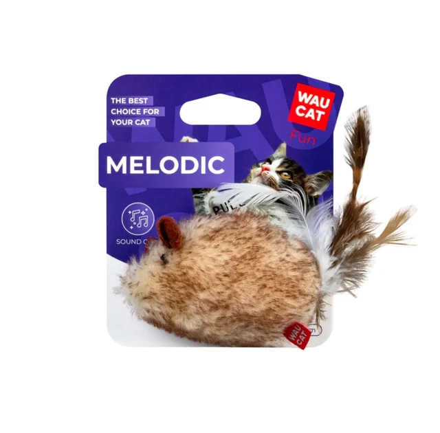 Іграшка WAUCAT Fun Melodic для котів, мишка зі звуковим чипом, штучне хутро, перо, 13 см