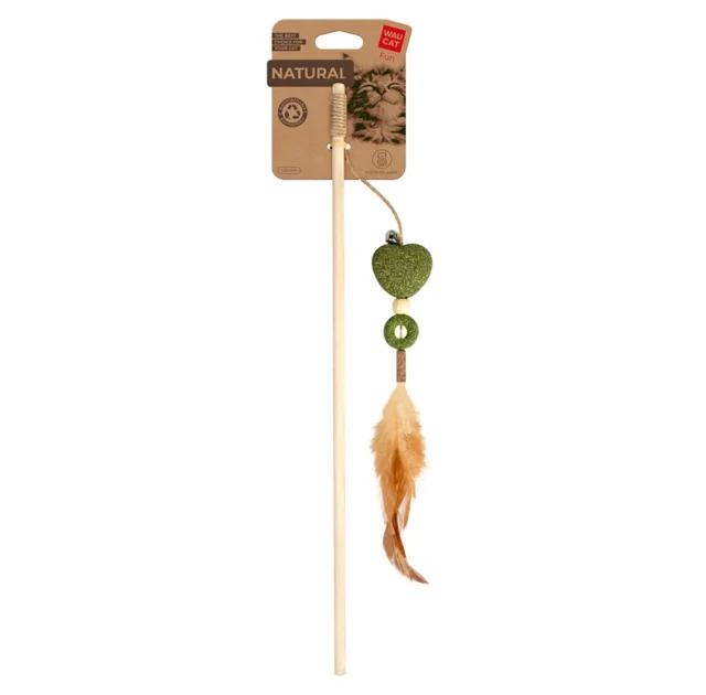 Іграшка WAUCAT Fun Natural для котів, дражнилка з сердечком, дерево, пресована котяча м’ята, перо, джутова мотузка, 60 см
