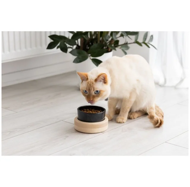 Миска PetJoy для собак та котів, на підставці, біло-чорна, 0.25 л, 13×13×7 см