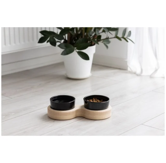 Миски PetJoy для собак та котів, на підставці, біло-чорні, 2×0.25 л, 27×13×7 см