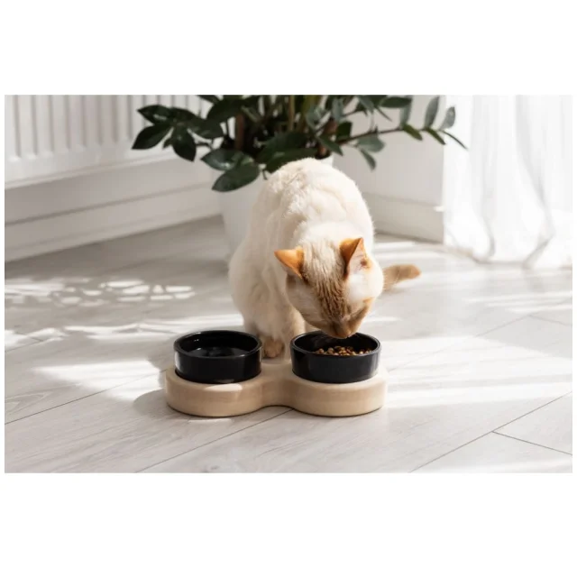 Миски PetJoy для собак та котів, на підставці, біло-чорні, 2×0.25 л, 27×13×7 см
