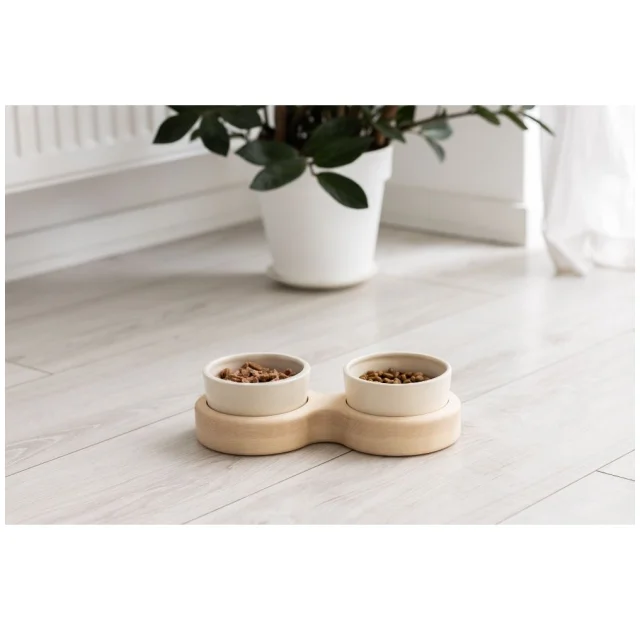 Миски PetJoy для собак та котів, на підставці, біло-бежеві, 2×0.25 л, 27×13×7 см
