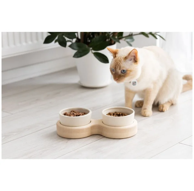 Миски PetJoy для собак та котів, на підставці, біло-бежеві, 2×0.25 л, 27×13×7 см